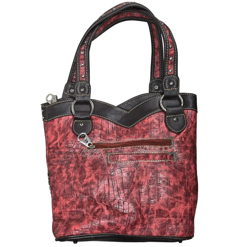 American Bling Western Cross Shoulder Bag Red Croc Embossed Rhinestone Studded - Picture 2 of 16